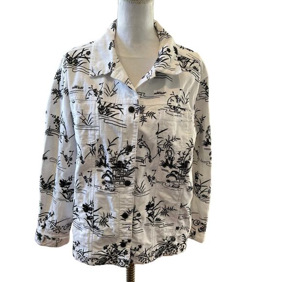 Chicos Asian Embroidered Denim Jean Jacket in White L - Picture 1 of 7